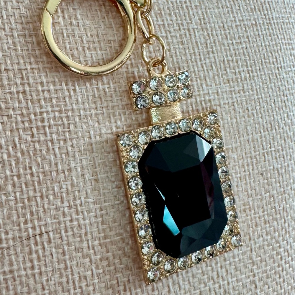 Black and Gold Perfume Bottle Rhinestone Bag Charm Keychain